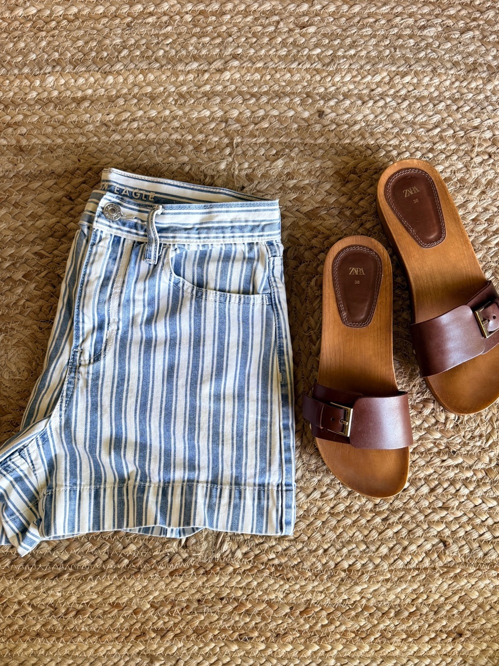 Blue & White Striped High-Rise Shorts